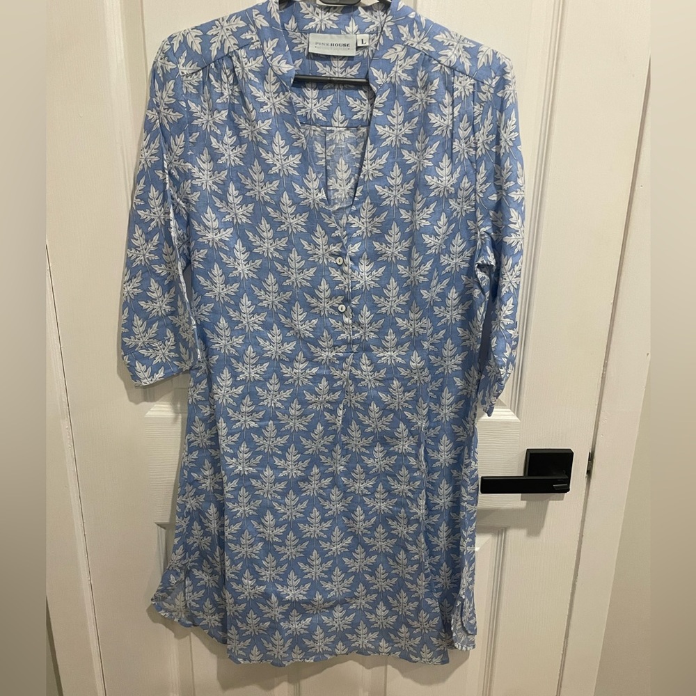 Pink House Mustique Linen Decima dress size large blue white leaf print